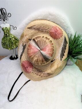 Straw Sun Hat with Pink & Brown Embroidered Flowers 💐